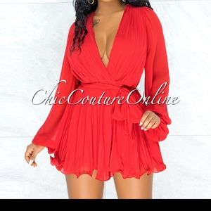 Engedi Red Pleated Self-Tie Belt Romper